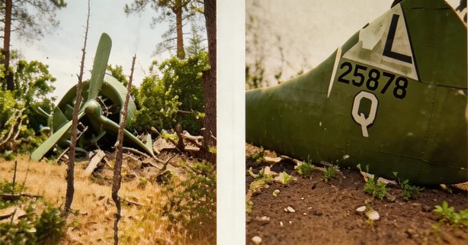 Zerlegtes Flugzeug in einem Wald, mit sichtbarem Propeller und Nummern auf der Tragfläche.